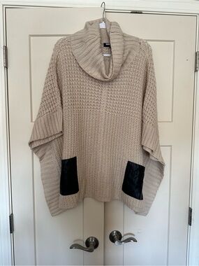 Fashion Union Beige Cowl Neck Poncho with Black Faux Leather Pockets